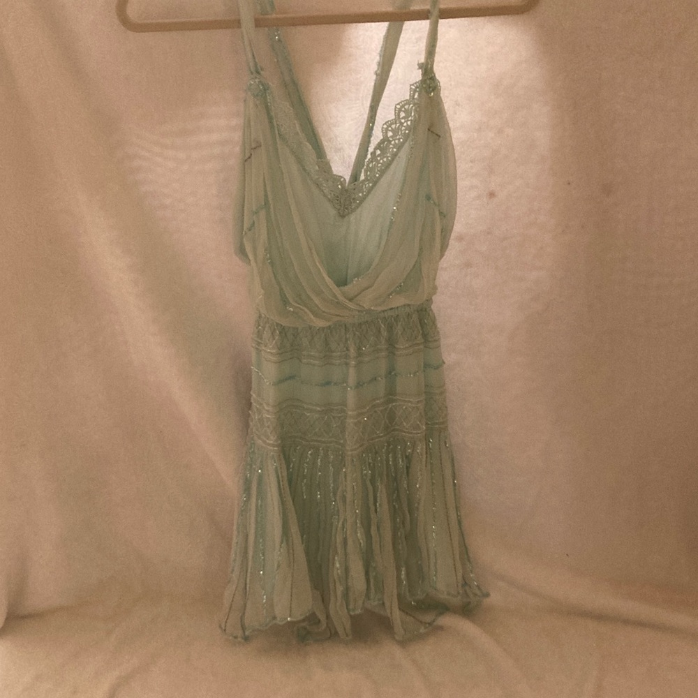 Free People Light Blue Dress with Beaded Lace Embellishments